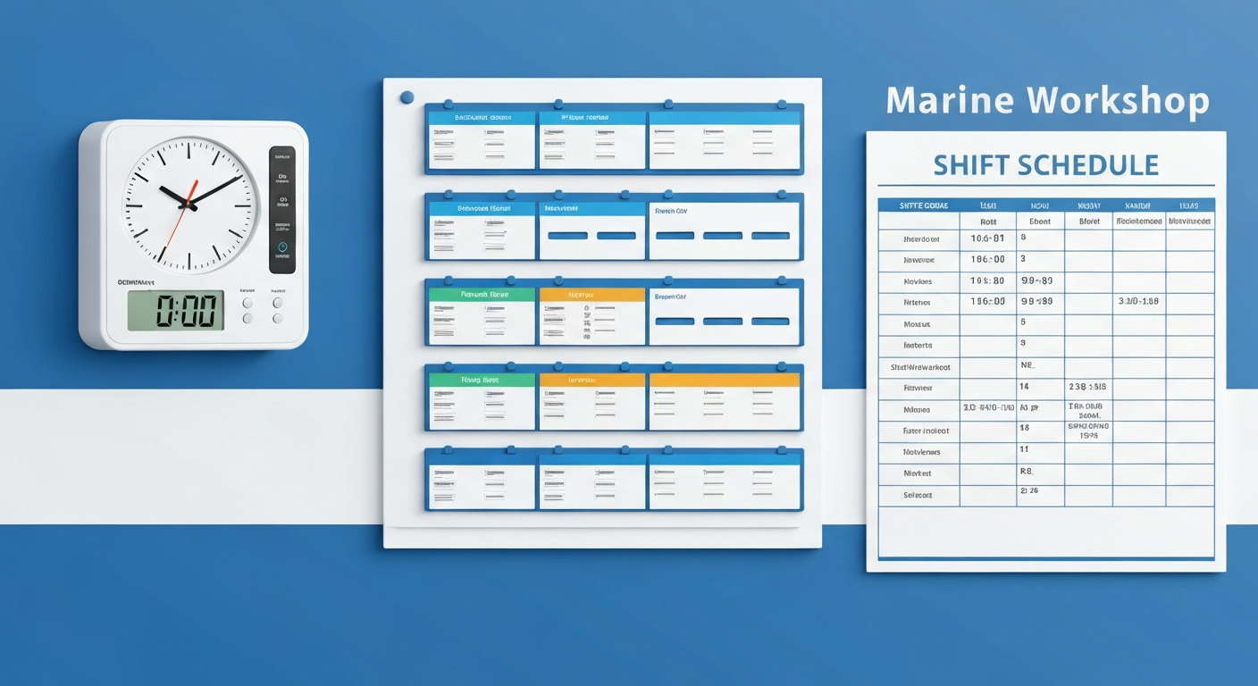 ShopTrack time tracking and shift management interface for marine service centers